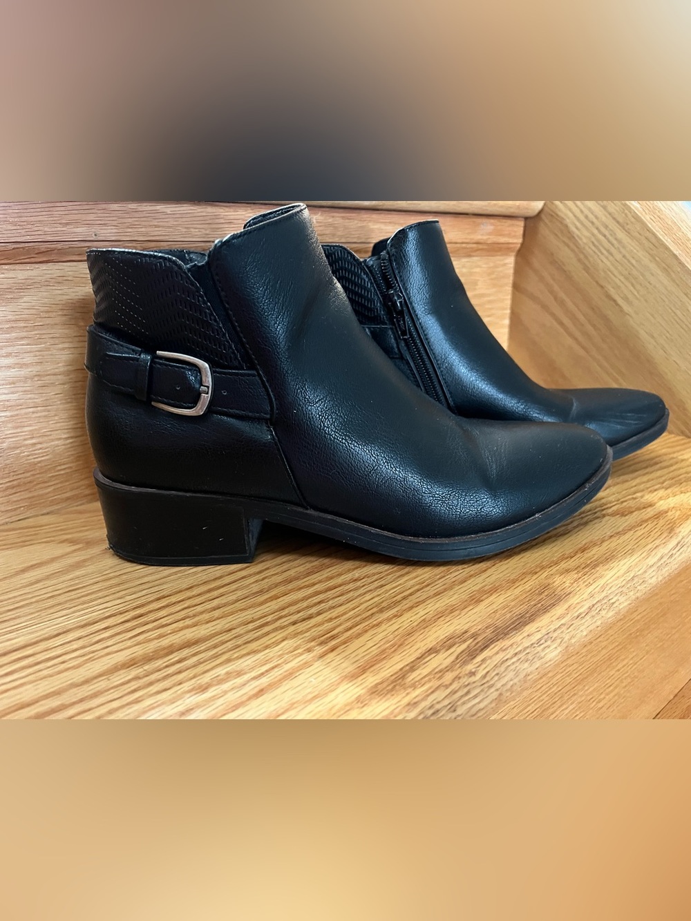 BareTraps Black Leather Ankle Booties with Side Buckle Detail